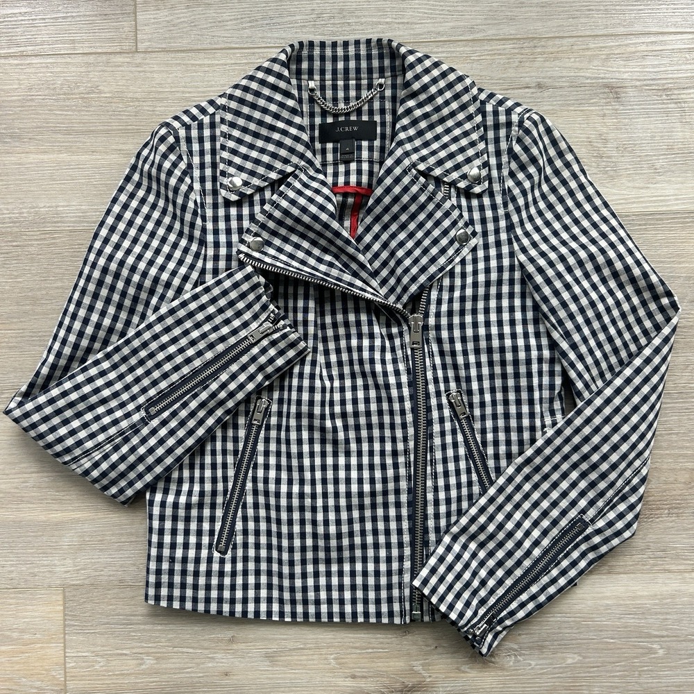 J.Crew Gingham Moto Jacket Womens 4 Navy Blue White Cotton Linen Biker